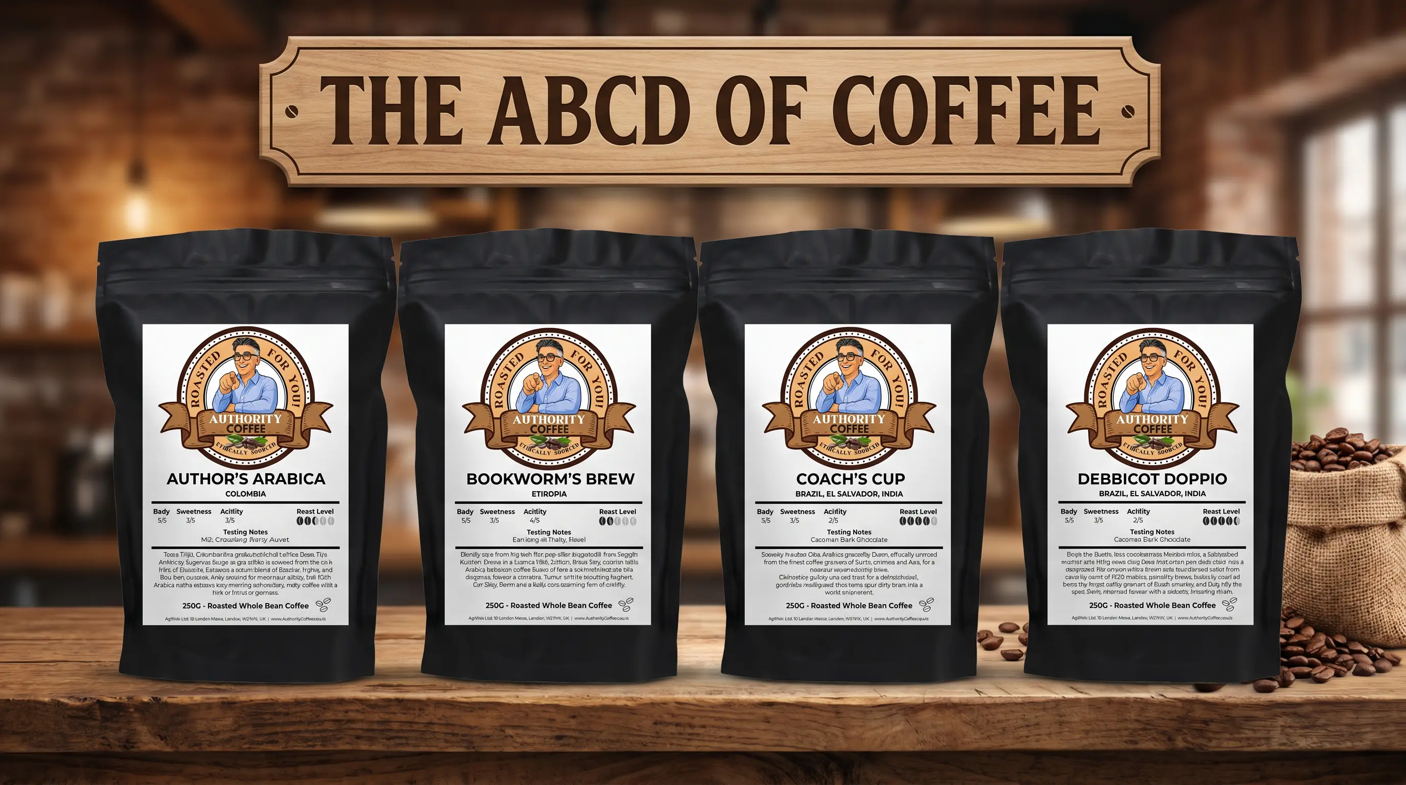 The ABCD of Coffee — Author's Arabica, Bookworm's Brew, Coach's Cup and Debbicot Doppio on a walnut desk
