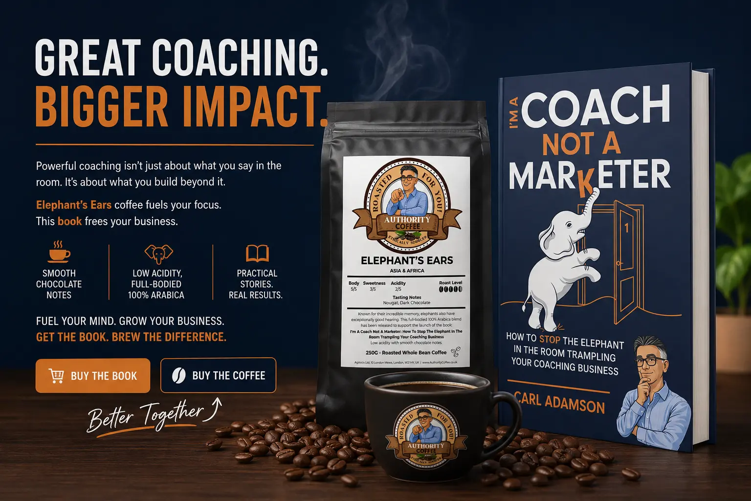 Elephant's Ears speciality coffee and I'm A Coach Not A Marketer book launch bundle